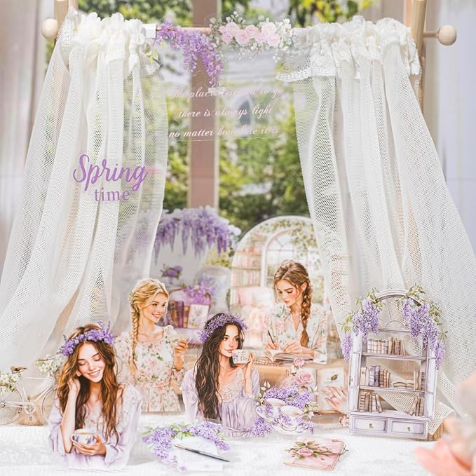 TIAMECH Girl Outside Windowsill PET Stickers - 80 Pcs White Spring Pink Rose & Beauty Violet Girl Design, Waterproof Sticker for Journaling & Scrapbooking, Junk Journal Supplies, Ephemera & DIY Crafts