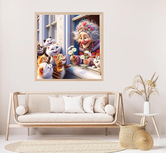 Cat And Old Lady Diamond Painting Kits for Adults, 5D Diamond Art Painting by Numbers Kits, DIY Diamond Dots Art Kits, Full Round Drill Diamond Art Kits for Adults for Home Wall Decor, 13.8x13.8 in
