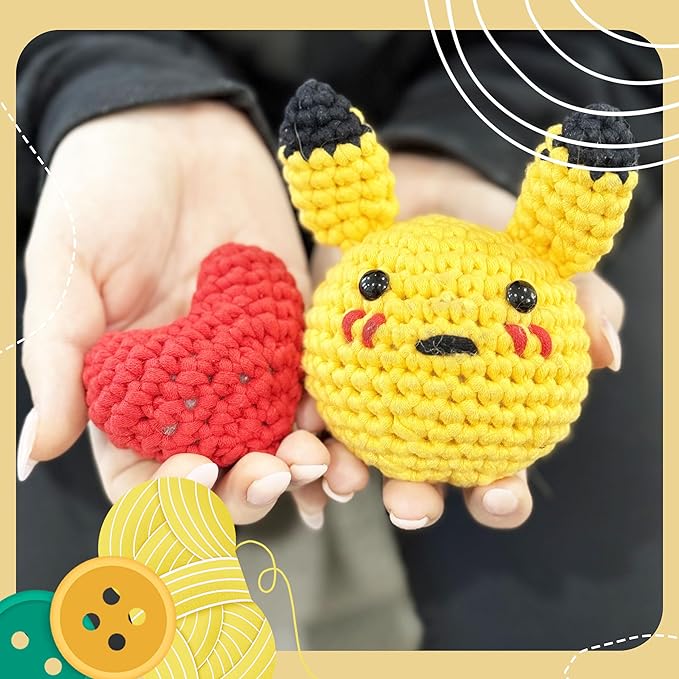 Pika-Doo Crochet Kit | Beginner Level | Great for Couples, Date Night, Kids, Adults, & Anime Lovers | DIY Gift Kit | Heart Included | Instructions, Yarn, Hook, Video & Written Tutorial