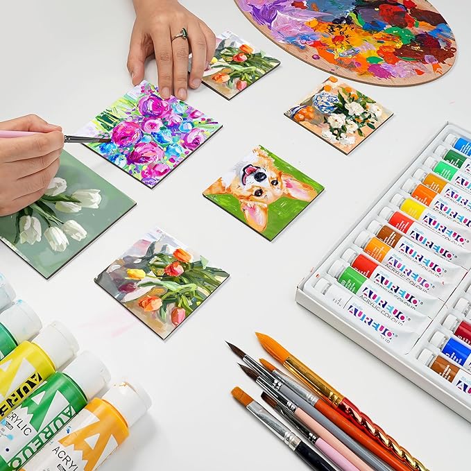 AUREUO Mini Magnetic Canvas Panel 3x3 Inch / 24 Pack - Small Square Flat Canvas Board with Magnet Back Art Gift Set Bulk Pack Tiny Thin Canvases for Acrylic Painting & Craft