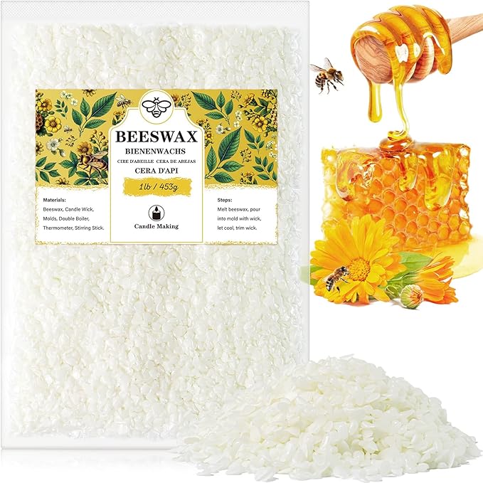Beeswax pellets 1LB, VEGISHINE Pure and Natural White Beeswax for Candle Making, DIY Skin Care, Lip Balm, Polishing, Lotion, Soap, Candle Making Supplies