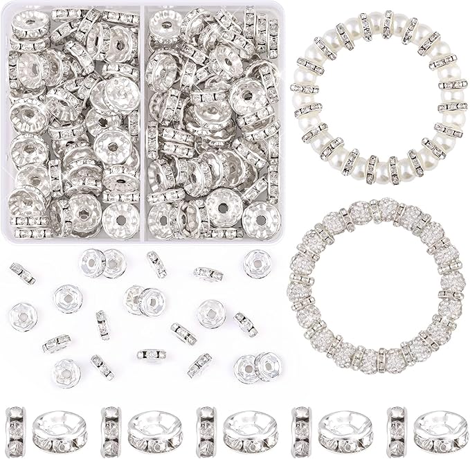100 pcs 10mm Spacer Beads for Crafting, Silver Rondelle Beads Bulk, Fancy Sparkle Crystal Rhinestone Spacer Loose Beads for Necklace Bracelet Earring Jewelry Making and Pens DIY Decoration
