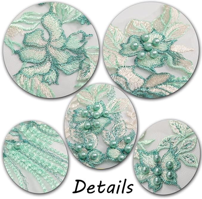 Beaded Pearl Flower Fabric Lace Applique, Floral Embroidered Patches Handmade Sewing Tool for DIY Neckline Bodice Wedding Bridal Prom Dress(Green-Large)