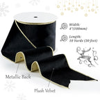 Black Velvet Wired Ribbon with Glitter Back 4 Inch Black and Gold Christmas Ribbon Wired Ribbon for Christmas Tree, Gift Wrapping, Mantel, Wreaths Supplies, Topper Bows (10 Yards)