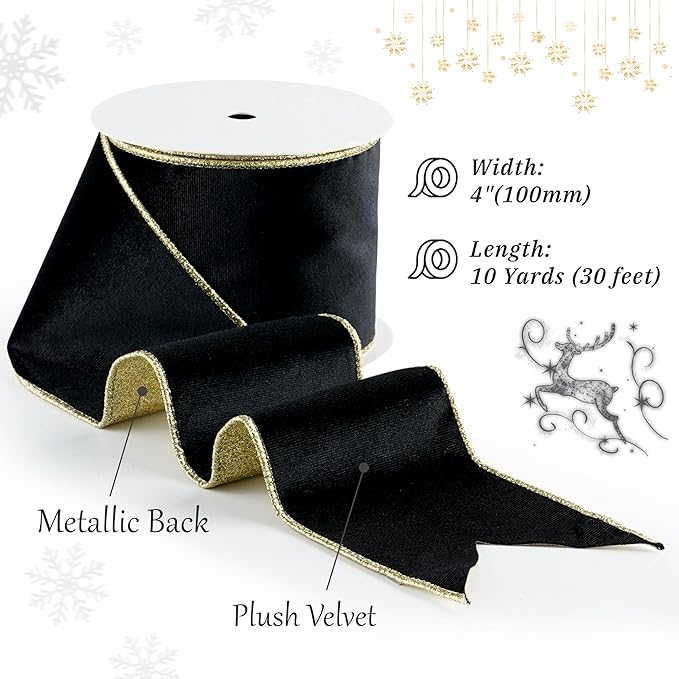 Black Velvet Wired Ribbon with Glitter Back 4 Inch Black and Gold Christmas Ribbon Wired Ribbon for Christmas Tree, Gift Wrapping, Mantel, Wreaths Supplies, Topper Bows (10 Yards)