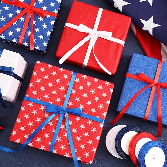 DECYOOL Patriotic Ribbons, 4 Rolls 100 Yards 4th of July Satin Ribbons 10mm Wide Red White Blue Independence Day Craft Ribbon for Gift Wrapping Patriotic Party Decorations