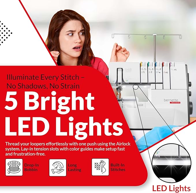 Bernette B68 Airlock Serger Sewing Machine | Adjustable Stitch Length, 1300SPM, LED Light, 5 Thread Options, Presser Foot Adjustment | Scissors, Rotary Cutter, Threads Bundle, Cutting Mat