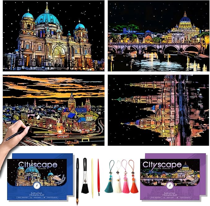 Scratch Art for Adults-Scratch Painting Craft Kit (4 Sheets 16x11 in)|Foil Engraving Art Set|Stress Relief Gift for Travel Lovers,Craft Lovers|Creative Scratch Art Home Decor(City Scape 2)
