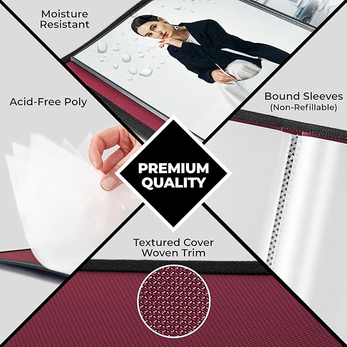 Dunwell Art Portfolio 8.5x11 Folder (Ruby), Black Mounting Paper, Portfolio Binder for Artwork, 8.5 x 11 Art Folder, 24 Pockets Display 48 Pages, Acid-Free Poly Presentation Book