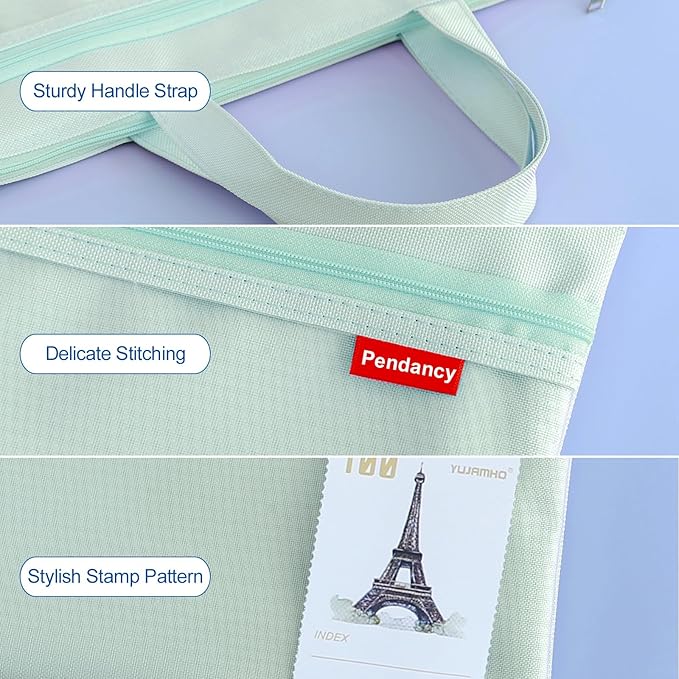 Pendancy Mesh Zipper Pouch 11x13.7 in, 2 pcs Large Double Pocket Waterproof File Bag with Handle, A4 Size Foldable Document Storage for Puzzle Project/Cross Stitch/Travel/Office（Gray Green）