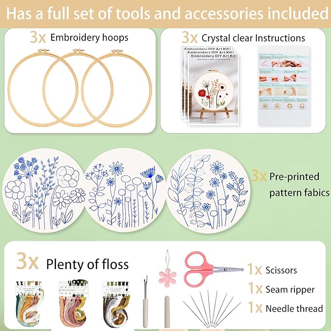 Ohcol 3 Sets Embroidery Kit,Needlepoint Kits for Adults,Needle Point Cross Stitch Kits for Beginners with Washable Pre-Printed Floral Pattern,3 Hoops,Women DIY Hand Crafts