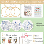 Ohcol 3 Sets Embroidery Kit,Needlepoint Kits for Adults,Needle Point Cross Stitch Kits for Beginners with Washable Pre-Printed Floral Pattern,3 Hoops,Women DIY Hand Crafts