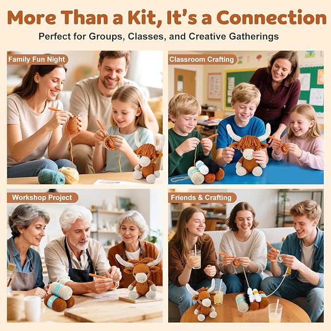 Faircosy Learn to Crochet Beginner Kit: All in One Highland Cow Crochet DIY Kit with Yarn, Crochet Hooks, Video Guide - Make Adorable Cow for Women, Teens & Adults - Great Learning Craft Gift
