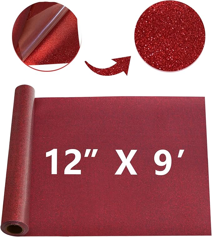 Red Glitter HTV Heat Transfer Vinyl Rolls12inch by 9feet PU Stretch Iron on Vinyl HTV Vinyl for T-Shirt for Silhouette and Cameo (9Ft, Z1-Glitter Red)