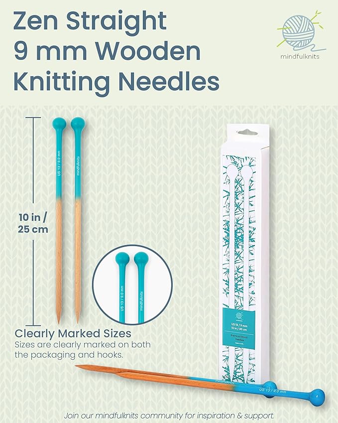 mindfulknits Premium Straight Single Pointed Beech Wood Knitting Needles – Size US 13, 9mm – 35cm Length – Knitting Supplies for Relaxation & Stress Relief (US 13, 9mm)
