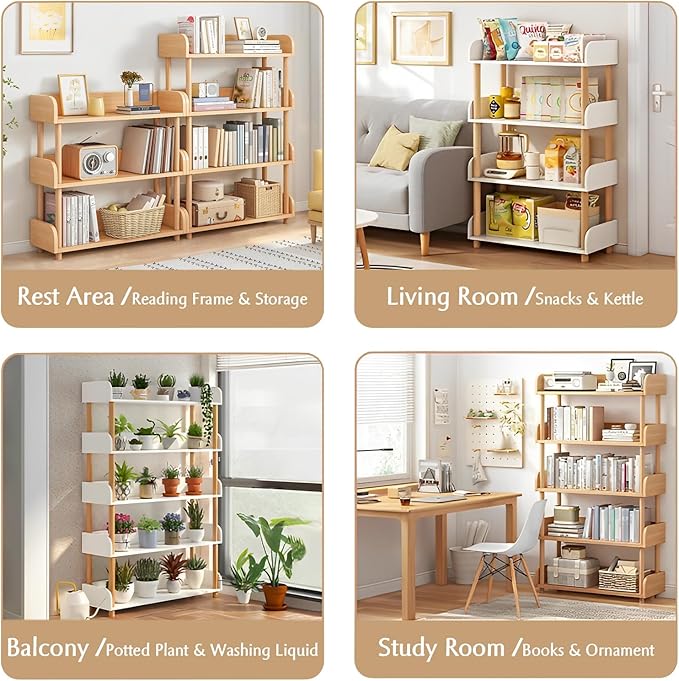 4-Tier Wooden Open Bookcase - Modern Display Bookshelf with Top Edge and Solid Wood Frame for Home and Office, Storage Cabinet, Oak