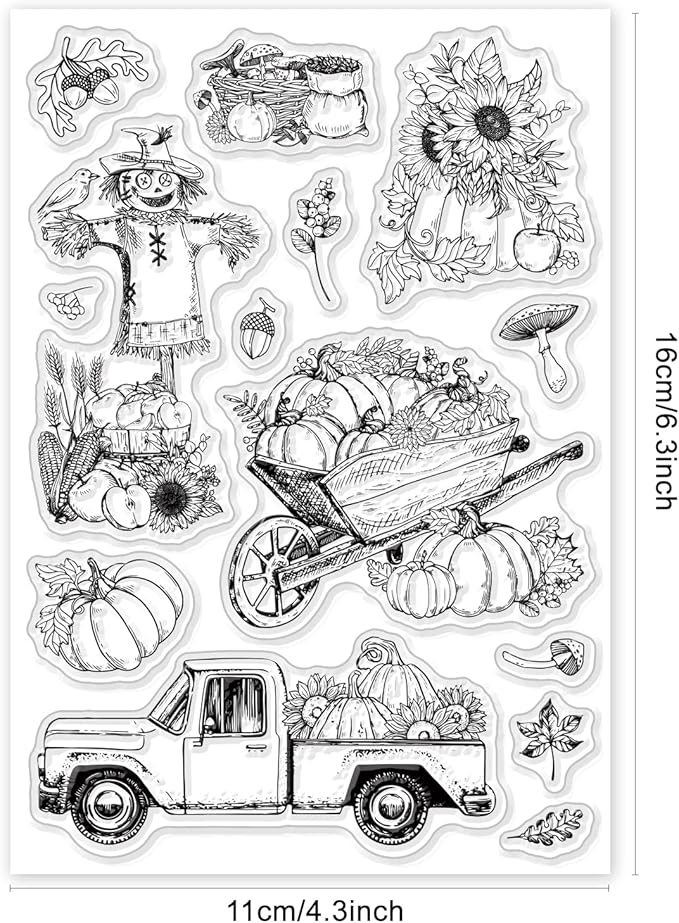 ORIGACH Autumn Harvest Clear Stamps, Autumn Pumpkin Scarecrow Pickup Sunflower Leaves Transparent Silicone Stamps for Card Making Thanksgiving Scrapbooking Journal Crafting 6.3x4.3inches