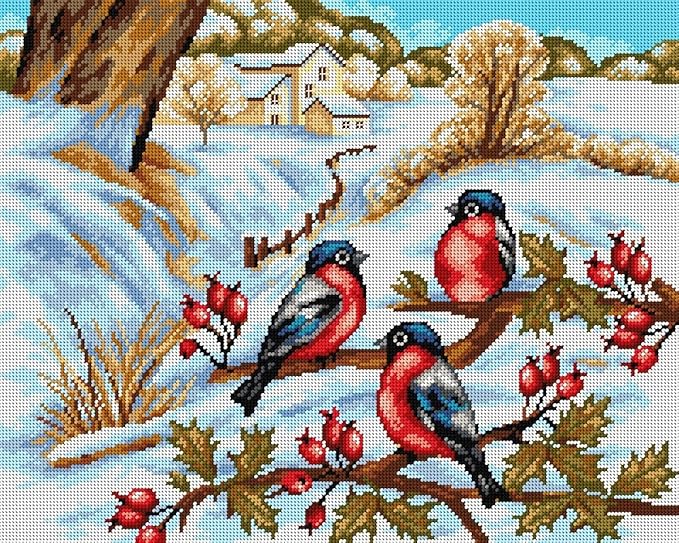 Wizardi Needlepoint Canvas for halfstitch Without Yarn Winter Landscape with Bullfinches 2421M Orchidea