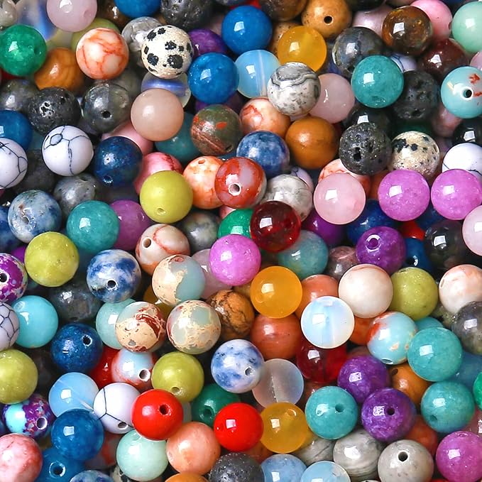 100PCS 10MM Mixed Color Stone Beads Round Loose Spacer Gemstone Beads for Jewelry Making DIY Bracelet Necklace Crystal