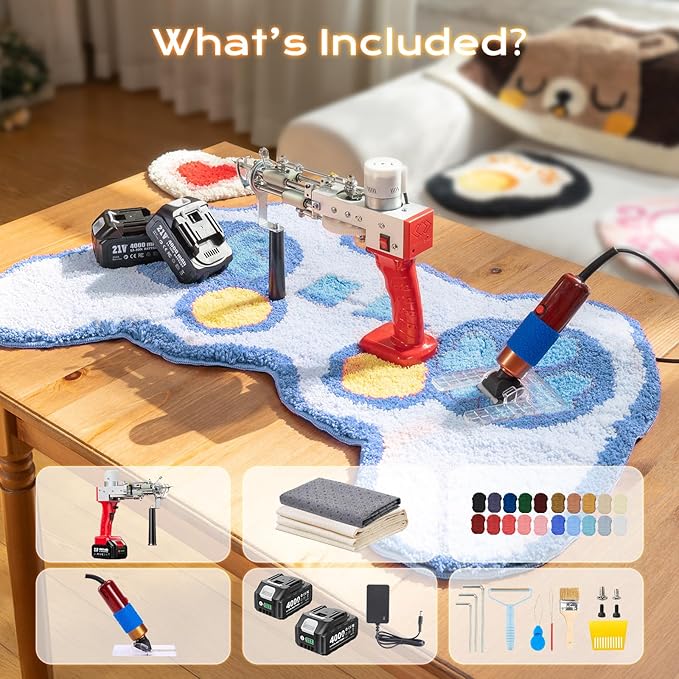 BESGEER Cordless Rug Tufting Gun with Carpet Trimmer Kit, Tufting Gun Starter Kit with 2pcs 4.0Ah Batteries，2 in 1 Cut Pile and Loop Pile Tufting Gun, with Tufting Cloth and Yarn Beginners
