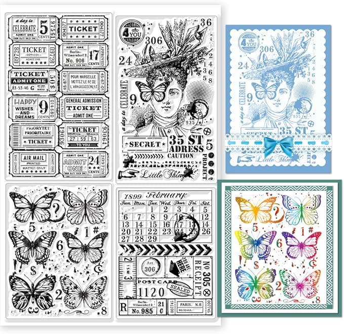 GLOBLELAND Retro Woman Postcard Background Clear Stamps for Cards Making Vintage Butterfly Silicone Clear Stamp Seals 5.83x8.27inch Transparent Stamps for DIY Scrapbooking Photo Album Journal