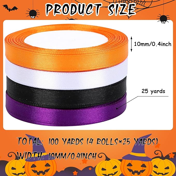 DECYOOL Halloween Ribbons, 4 Rolls 100 Yards Halloween Satin Ribbons 10mm Wide Holiday Gift Wrapping Ribbon for DIY Bows Party Decoration (Orange, Black, Purple, White)