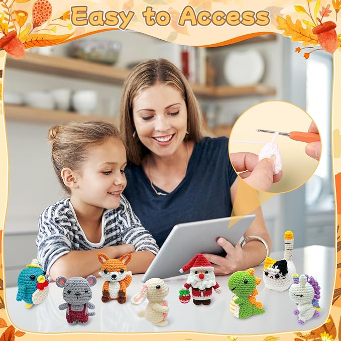 HUASHILUO 8Pcs Crochet Kit for Beginners, 2026 DIY Craft for Adults and Kids, Great Christmas Gift for Crochet Lovers, Crocheting Animal Kits with Step by Step Videos,Yarn,Crochet Hook