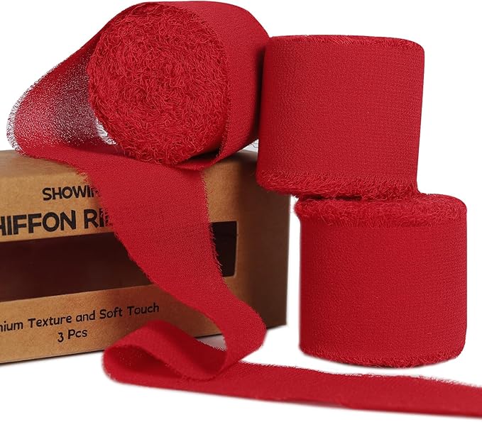 3 Rolls Red Handmade Fringe Chiffon Ribbon 1.5" x 7Yd Silk-Like Colorful Rustic Ribbon for Bouquets Wrapping Decor Wedding Tie Invitations Crafts