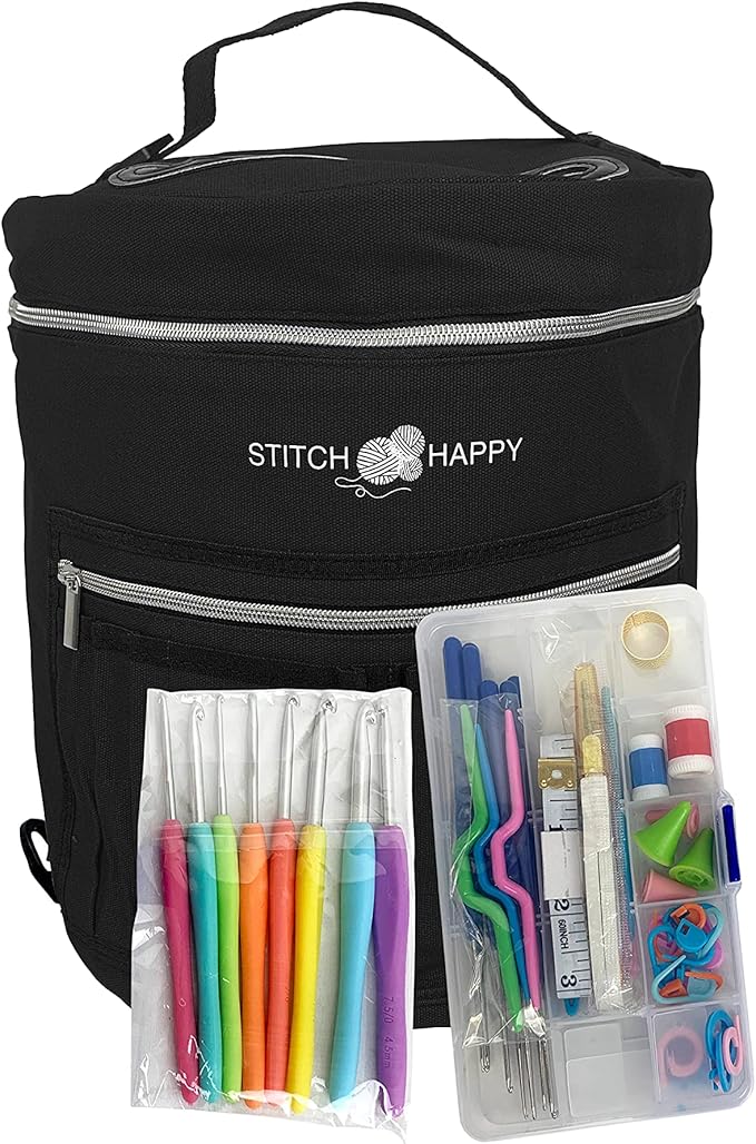 Designer Stitch Happy Crocheting Kit: 52 Piece Crochet Kit for Beginners & 7 Pocket Yarn Bag, Signature Yarn Storage - Black