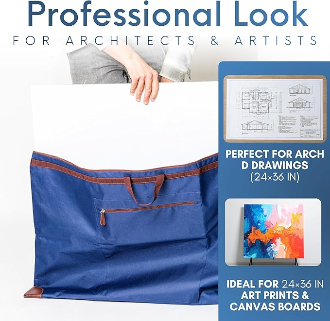 Large 24 x 36 inches Art Portfolio Bag, Fits ARCH D Blueprints, Posters & Art Prints, Waterproof Artist Case with Shoulder Strap, Durable Blue Carrying Tote for Architects, Designers & Students