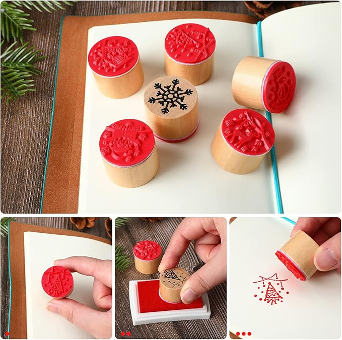 Woanger 15 Pieces Christmas Wooden Rubber Stamps and Craft Ink Pads Wooden Rubber Stamp for Scrapbooking and DIY Craft Card Wood Fabric Christmas Holiday