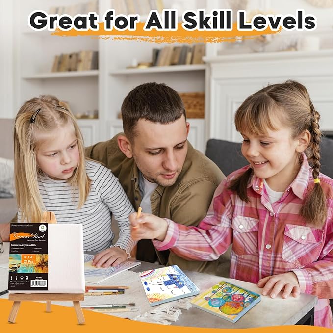 CONDA Mini Stretched Canvas for Painting, 3x3 Inch 24 Packs of Small Canvases for Kids and Art Supplies, 100% Cotton Primed Canvas, 2/5 Inch Profile Value Bulk Pack for Acrylics, Oils Painting