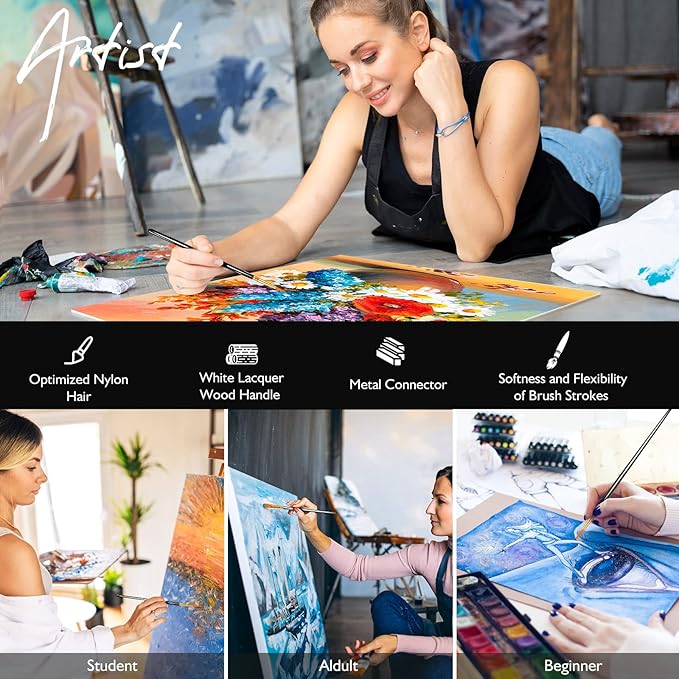 Paint Brush Set, 10 Pcs Paint Brushes for Acrylic Painting, Round Pointed Tip Detail Small Paint Brush for Oil Watercolor Canvas Face Body Boards Rock, Adult Drawing Arts Crafts Supplies, Black