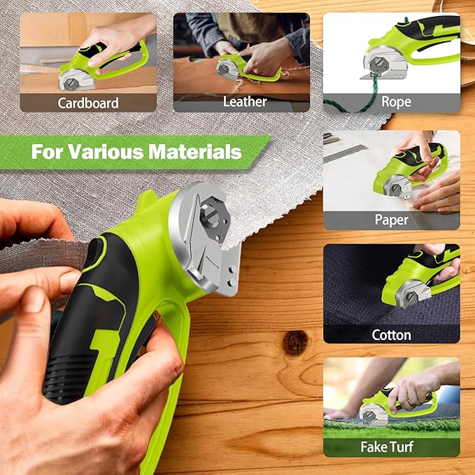 Cordless Electric Scissors, 4V Box Cutter & Cardboard Cutter with 2 Titanium Blades - Rotary Cutter with LED Light for Fabric, Leather, Carpet, Plastic, Crafting + Storage Case (Green)