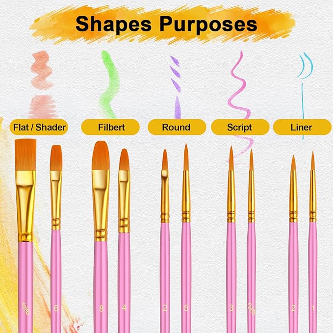 Acrylic Paint Brushes Set, 50Pcs Round Pointed Tip Artist Paintbrushes for Acrylic Painting Oil Watercolor Canvas Boards Rock Body Face Nail Art, Halloween Pumpkin Ceramic Crafts Supplies，Pink