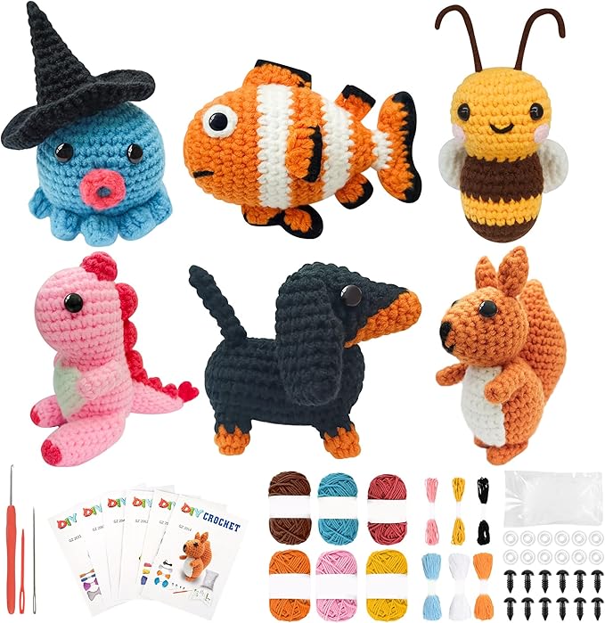 Leozzef DIY Crochet Kit for Beginners, 6 Cute Animal Crocheting Kits with Yarn, Hooks & Step by Step Videos, 2026 Easy DIY Craft for Adults & Kids, Handmade Plush Craft Gift for Crochet Lovers