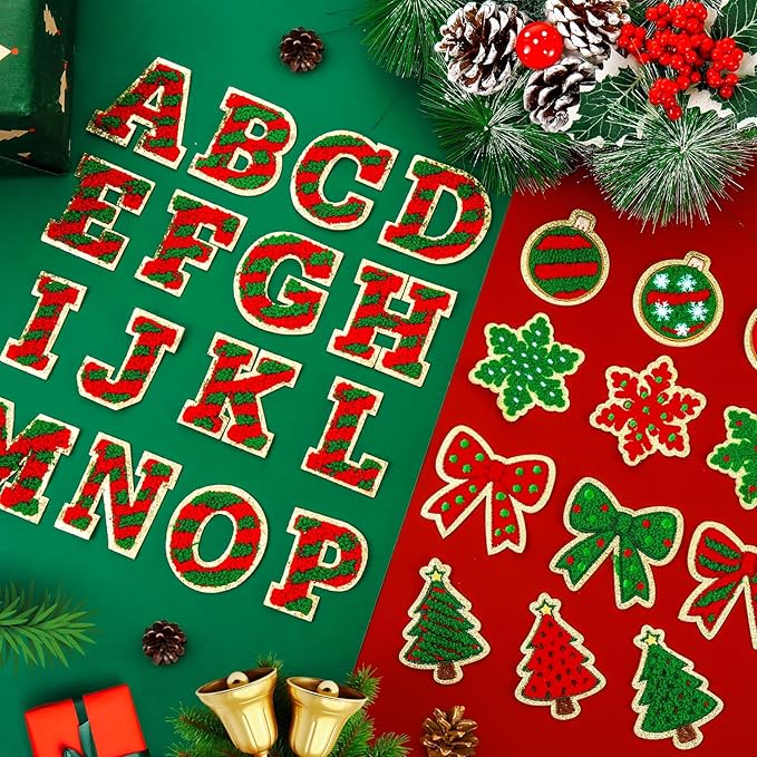 68 Pcs Christmas Patches Red and Green Striped Chenille Letters Patches Self Adhesive Embroidered,Include 52 A-Z Letters Patch,16 Snowflake Christmas Ball Tree Bows Patch Stickers