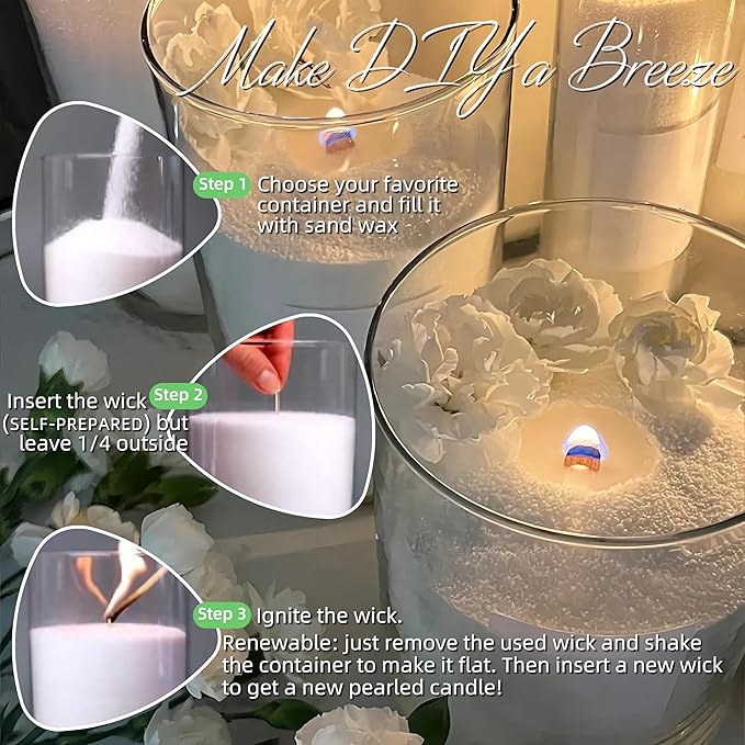 NICEME White Candle Sand with Wicks Pearled Candle Wax Beads, 26OZ/ 750g Customized Powder Candle Making Kit All Natural Granulated Wax for Candles Self Extinguish Refillable Candles with 30pcs Wicks