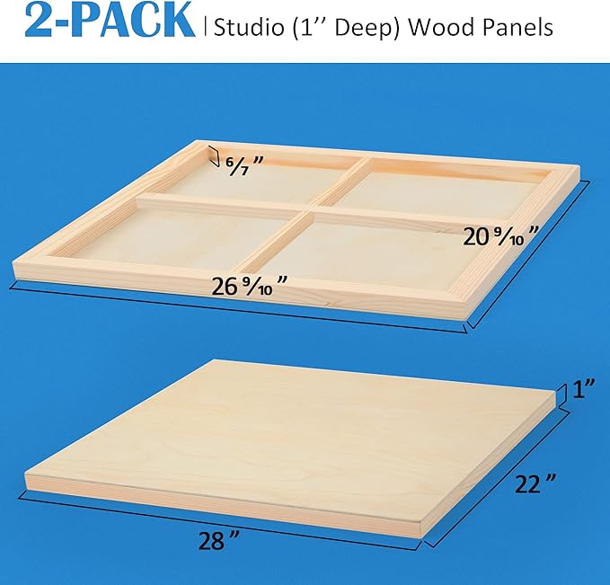 Falling in Art Unfinished Birch Wood Panels Kit for Painting, Wooden Canvas 2 Pack of 22”x28” Studio 1” Deep, Cradle Boards for Pouring, Art, Crafts, Burning and More