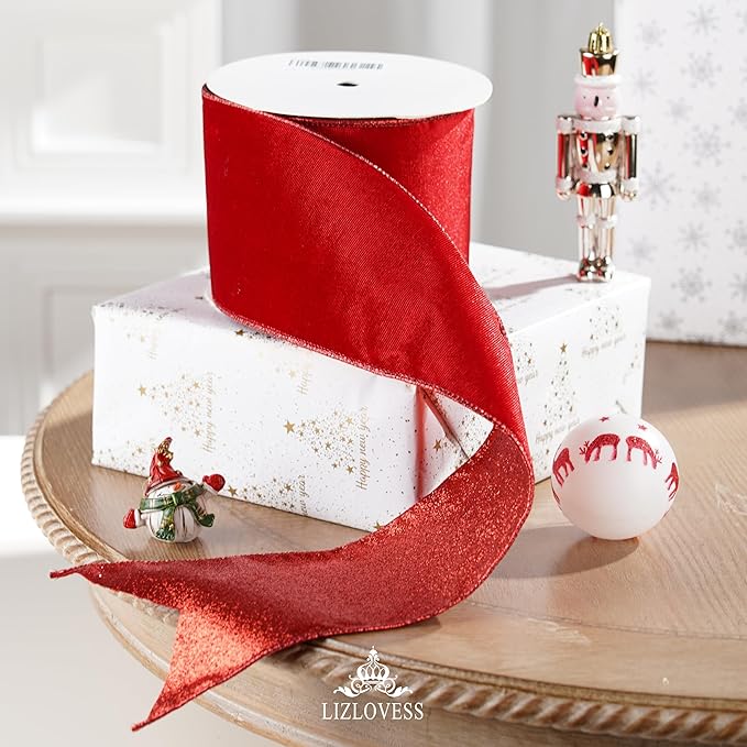 Red Velvet Wired Ribbon with Glitter Back 4 Inch Red Christmas Ribbon Wired Reversible Ribbon for Christmas Tree, Gift Wrapping, Mantel, Wreaths Supplies, Topper Bows (10 Yards)