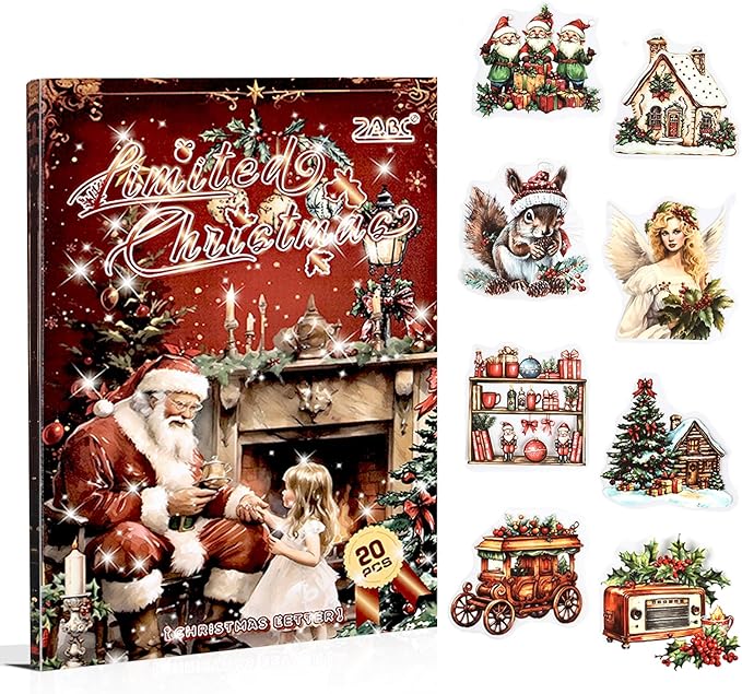 Vintage Christmas Scrapbook Stickers for Scrapbooking Supplies, 20 Sheets Precut PET Sticker Book for Journaling, Junk Journals, Collage, Card Making, Bujo, Crafts Arts