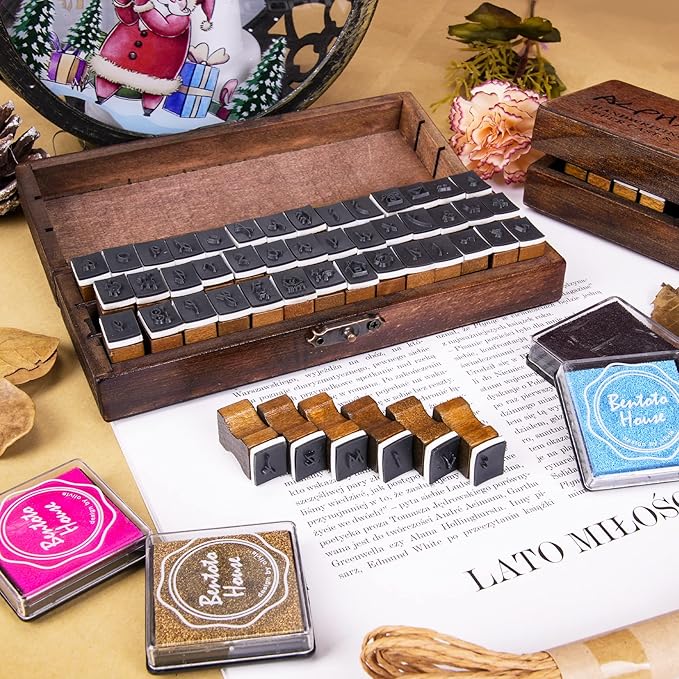 Rancco Alphabet Stamps for Crafts w/ 4 Ink Pad, 84 Pc Vintage Wooden Rubber Stamps w/Storage Box, 2 Set Mini Handwriting Number, Symbol & Letter Stamps for Gift Card Making, DIY Scrapbook, Clay Craft