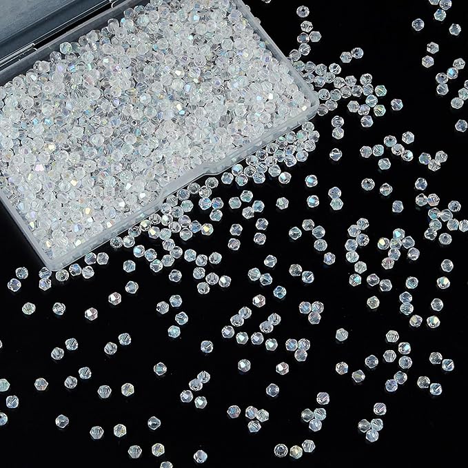 1200PCS 3mm Bicone Crystal Glass Beads for Jewelry Making, Sparkling Mini Beads for Suncatchers, DIY Bracelets & Craft Projects (AB White)