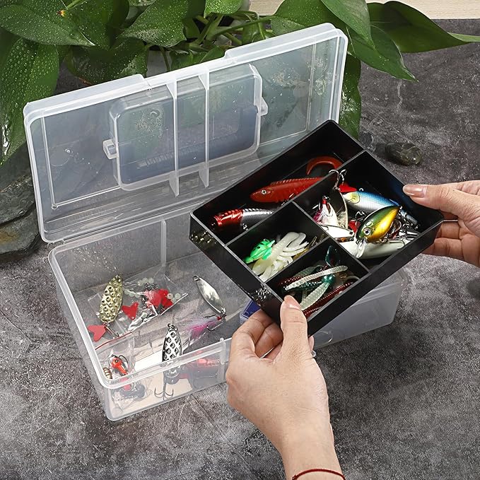 JUXYES 2 Pack Plastic Carry Storage Box with Removable Dividers, Clear Art Craft Supply Storage Bin Sewing Box with Handle Lid, 2 Layers Stationery Storage Case for School/Office Supplies Black