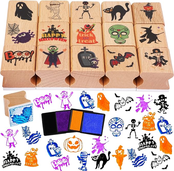 HOWAF 20 Pack Halloween Wooden Stamps Set, Halloween Crafting Stamps for Adults Kids Favors
