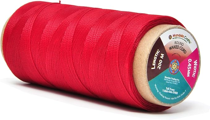 Mandala Crafts Red Round Waxed Thread for Leather Sewing - 219 Yds 200M 0.45mm Polyester Leather Thread String Waxed Cord for Leatherwork, Beading, Bookbinding, Hand Stitching
