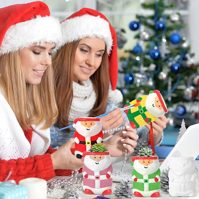 Pasimy 6 Set DIY Ceramic Succulent Planter Pots Paint Your Own Flower Pots Craft Kit Unpainted Bisque Paintable Flowerpot with Brush Palette Ready to Paint for Family Activity Gift(Santa)