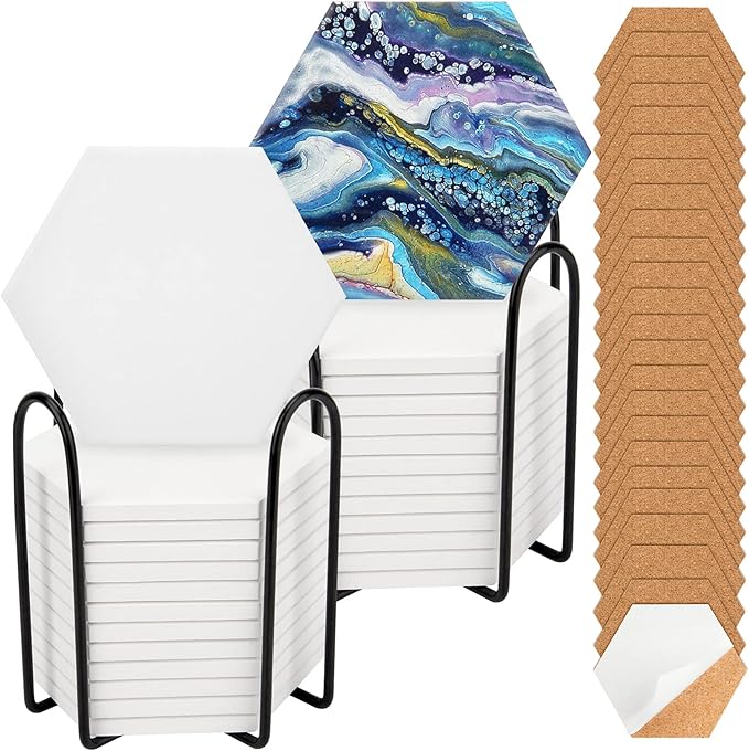 24 Pack Ceramic Tiles for Crafts with 2 Holders, White Unglazed Blank Ceramic Coasters with Self-Adhesive Cork Backing Pads for Acrylic Pouring, Painting, Make Your Own DIY Coasters (Hexagon)