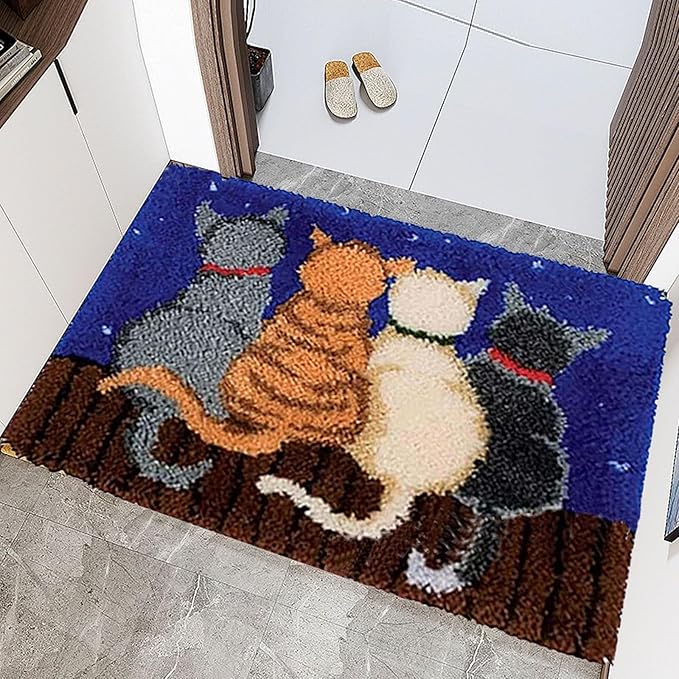 kingsea Latch Hook Kit for Teen, DIY Crochet Yarn Rug with Pattern Printed Latch Hook Rug Kit, Latch Hook Kit for Beginners, Four Cats, 20" x 15"