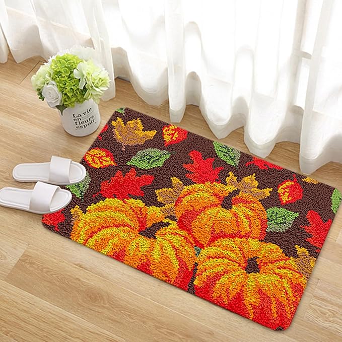 kingsea Latch Hook Kit for Thanksgiving DIY Crochet Yarn Rug with Pattern Printed Latch Hook Rug Kit for Teen, Latch Hook Kit for Beginners, Pumpkin, 20" x 15"